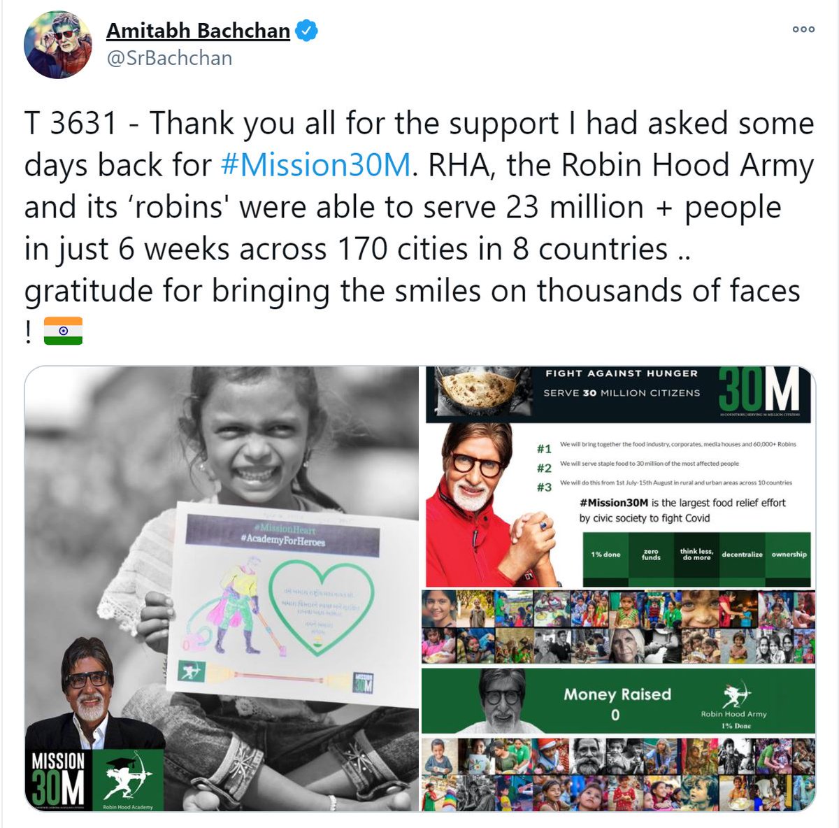 rha_india's tweet photo. #ThankYou Sir @SrBachchan for your constant kindness and support to the Robin Hood Army!

2020 was a challenging year and we Robins will continue doing all we can to fight #hunger 

https://t.co/T6Ffcqkdul

#ZeroHunger #RobinsNewYear #RHA https://t.co/QClRjwsuMP