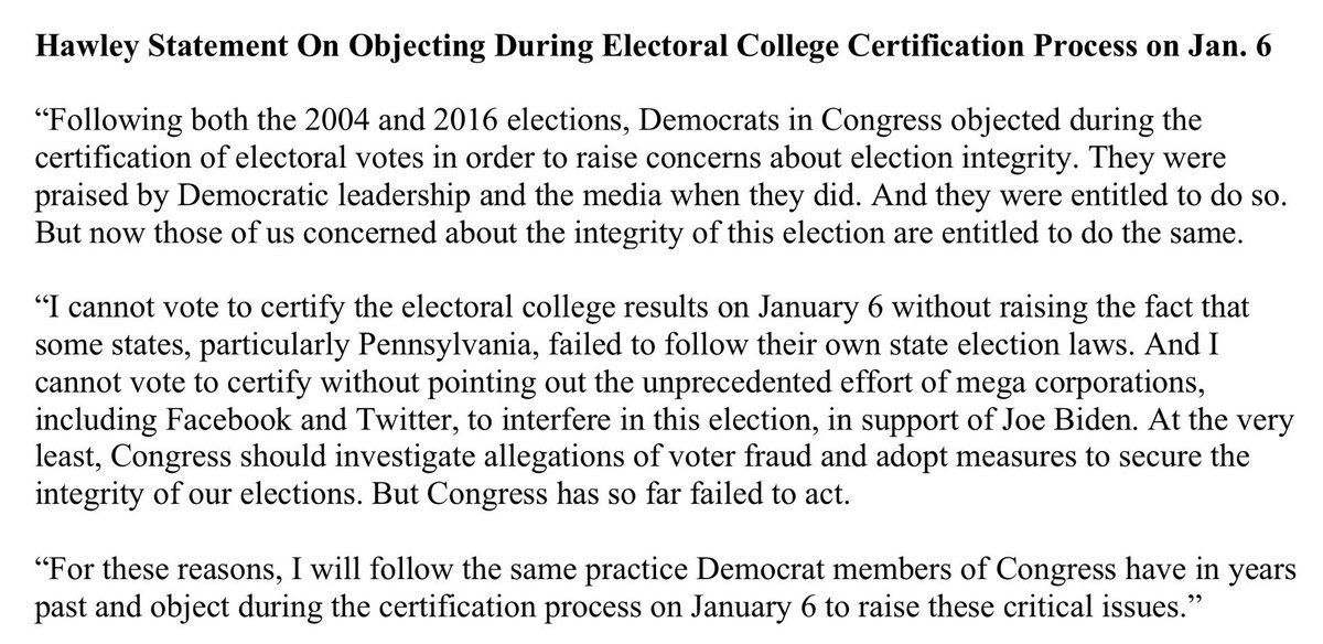 RepMoBrooks's tweet image. SENATOR JOSH HAWLEY (R-MO) JOINS 30+ CONGRESSMEN IN OBJECTING to electoral college vote submissions from states with such flawed election systems as to render their election results untrustworthy.

BAM! The fight for America’s Republic IS ON!

WATCH JANUARY 6, STARTING 1PM ET.