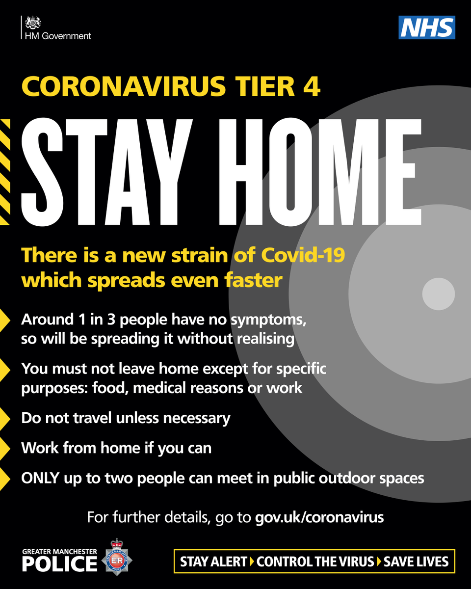 From 00:01 on 31 December 2020, Greater Manchester will enter Tier 4 #StayAtHome restrictions. Please #DoYourBit and follow the measures to help stop the spread of coronavirus. For more information visit crowd.in/BSd3zw