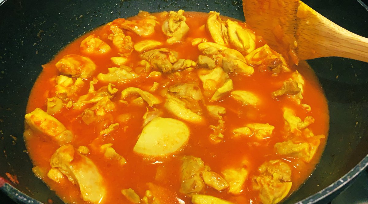  Step 11:Add a big cup full of boiled water. Get to a simmer and let it sizzle away on a low temp Let some evaporate, you want a thick sauce eventually. Keep coming back to check and add water if too much evaps. Let it cook for an hour at least = flavours. Add salt & pep