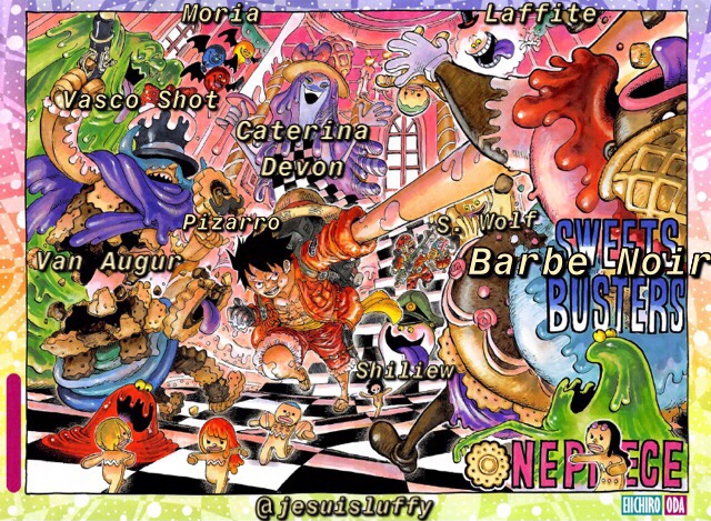 Le colorspread du 902 où les membres de l’équipage de Barbe Noir sont représentés sous forme de gâteaux et où Zoro (oeil gauche ouvert) est tenu par Teach et où Robin et mise à part et semble faire un geste de la main.18/20
