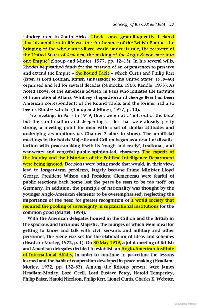 17 of 37It had to be done quietly, through back channels.During the 1919 Paris peace talks, Milner Group operatives worked with a hand-picked team of US Anglophiles, many of them Round Table members, to devise formal mechanisms for coordinating US and British foreign policy.