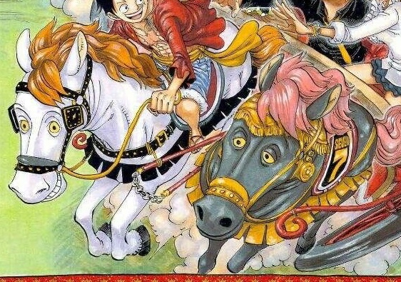 Un des chevaux dans le colorspread du 771, qui arbore le chiffre 7. Robin étant la septième membres d’équipage.Cette élément reste à prendre avec des pincettes. Il est plus probable que Luffy se dirige ici vers Sabo pour le sauver vu qu’il est en danger.19/20