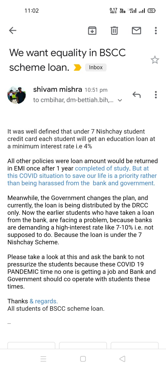 i_am_skm2's tweet photo. @NitishKumar
@ias_kundan
@officecmbihar
@Narendramodi
@RahulGandhi
@News18Bihar 
कोरोना काल में बैंकों द्वारा छात्रों पर दबाव बनाया जा रहा हैलोन चुकाने के लिए निर्धारित दर पर लोन सबको मिलना चाहिए ना की किसी को 4% ना और किसी को 10%
सभी छात्रों को एक दर पर लोन मिले यह हमारी मांग है https://t.co/S4BzoKGaBd