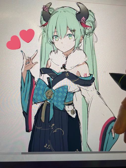 ミクさん服装設定完了、イラスト作成中・・・ 
