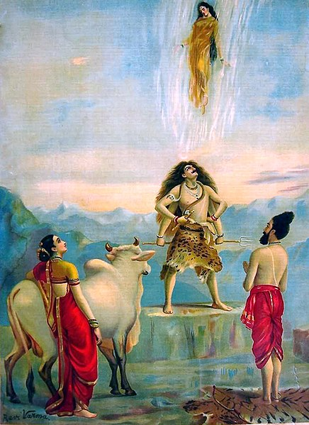 For this we need to go to the episode of Bhagiratha and Ganga! Here’s Ravi Varma’s portrayal of Siva waiting to receive the mighty Ganga and channel her flow to the earth.