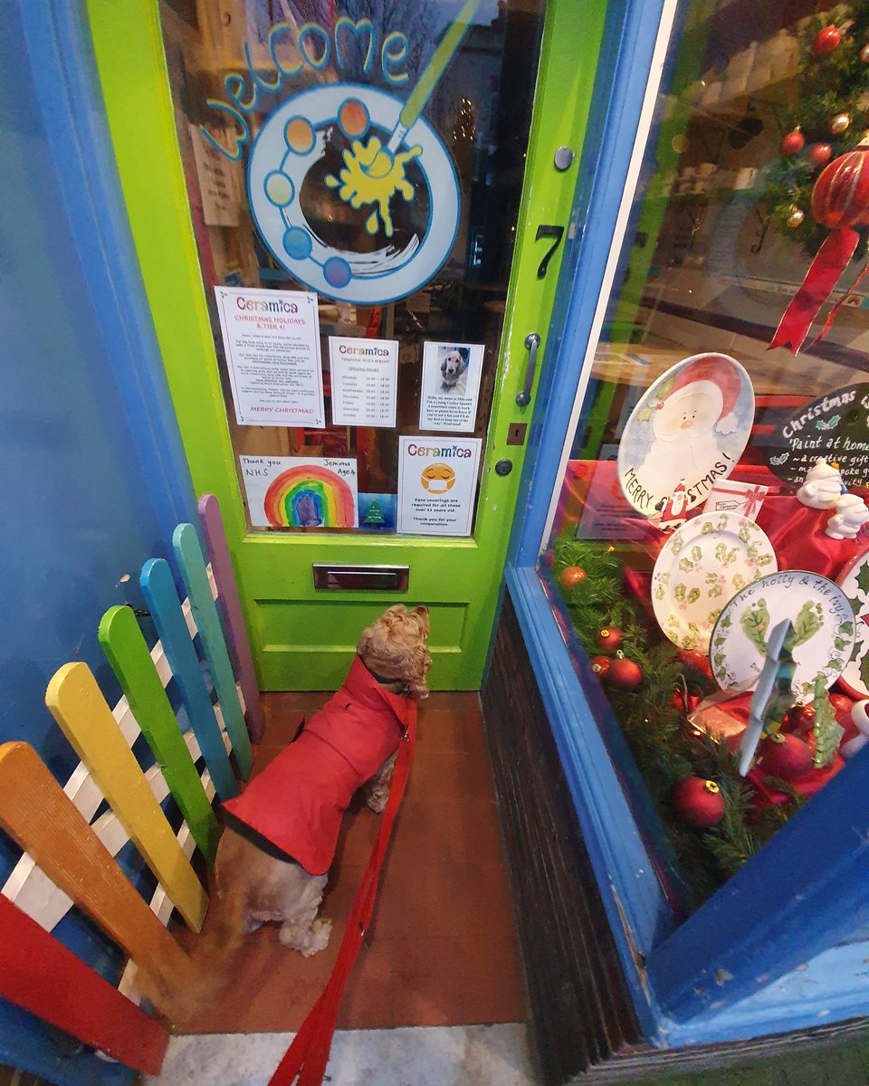 CeramicaEsher's tweet photo. Someone's desperate to get back to work! (He had to stop off on his walk to check up on things!). #shopdog  #dogsintheworkplace https://t.co/SbzqlXWsVF