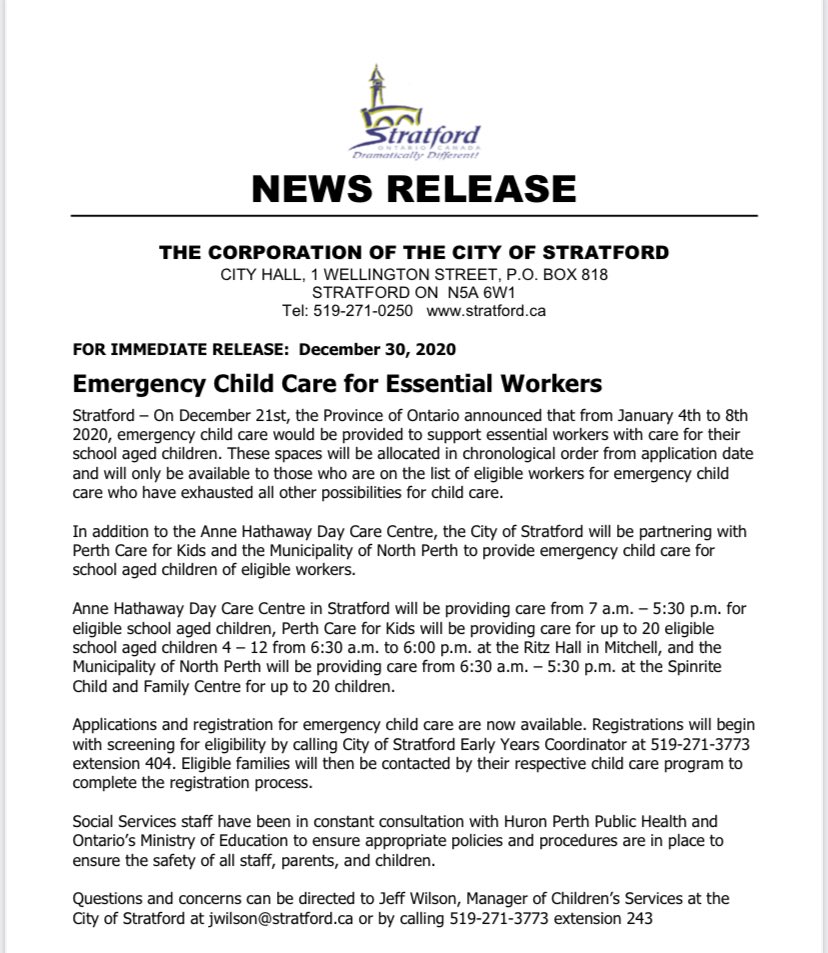 Danmathieson's tweet image. Emergency Child Care available in Stratford for essential workers.  Please contact Stratford Social Services at number below.