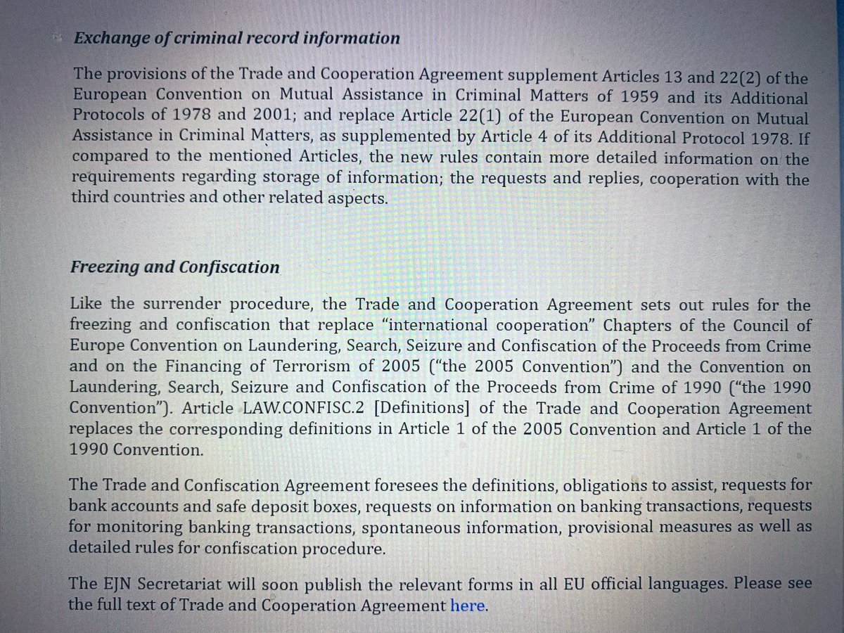 Judicial Cooperation in criminal matters under the #BrexitDeal 🇪🇺🇬🇧: on 1/1/2021 #EU Members and UK will have specific rules for ➡️ Data Protection; #Surrender; #MLA; exchange of crim. records + freezing and confiscation. See the ⚖️ #EJN news for more ℹ️: ejn-crimjust.europa.eu/ejn/NewsDetail…