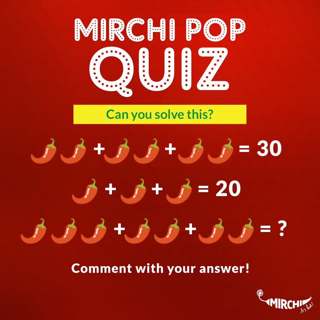 USARadioMirchi's tweet photo. Can you solve this?  👀 

Tell us your answer in the comments! 

#MirchiUSA #radiomirchiusa #BollywoodFM #BollywoodRadio #MirchiMasti #mirchichallenge #MirchiPopQuiz #Maths #Mirchi https://t.co/s3AIu2qR90