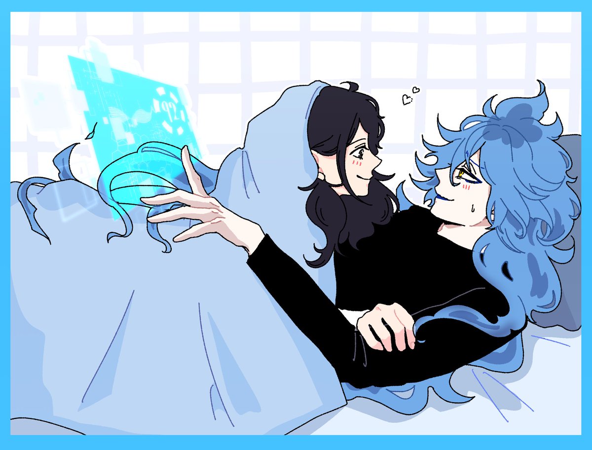 1boy 1girl long hair blue hair under covers black hair looking at another  illustration images