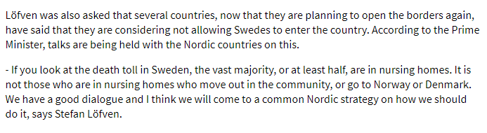 Ministers starting making appearances one after another blaming other countries for discrimination if they didn't open their boarders for Sweden. 'Come on, it's just the elderly who died. Community transmission has nothing to do with it.' https://sverigesradio.se/artikel/7482935 