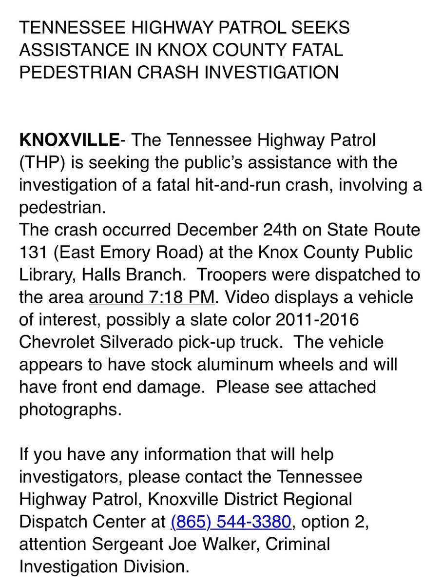 TNHighwayPatrol's tweet photo. UPDATE: Tennessee Highway Patrol releases vehicle of interest photo in the Knox County Fatal Pedestrian hit and run crash investigation. @THPKnoxville @TNDeptofSafety @THP_Colonel https://t.co/PFrYGxRyAI