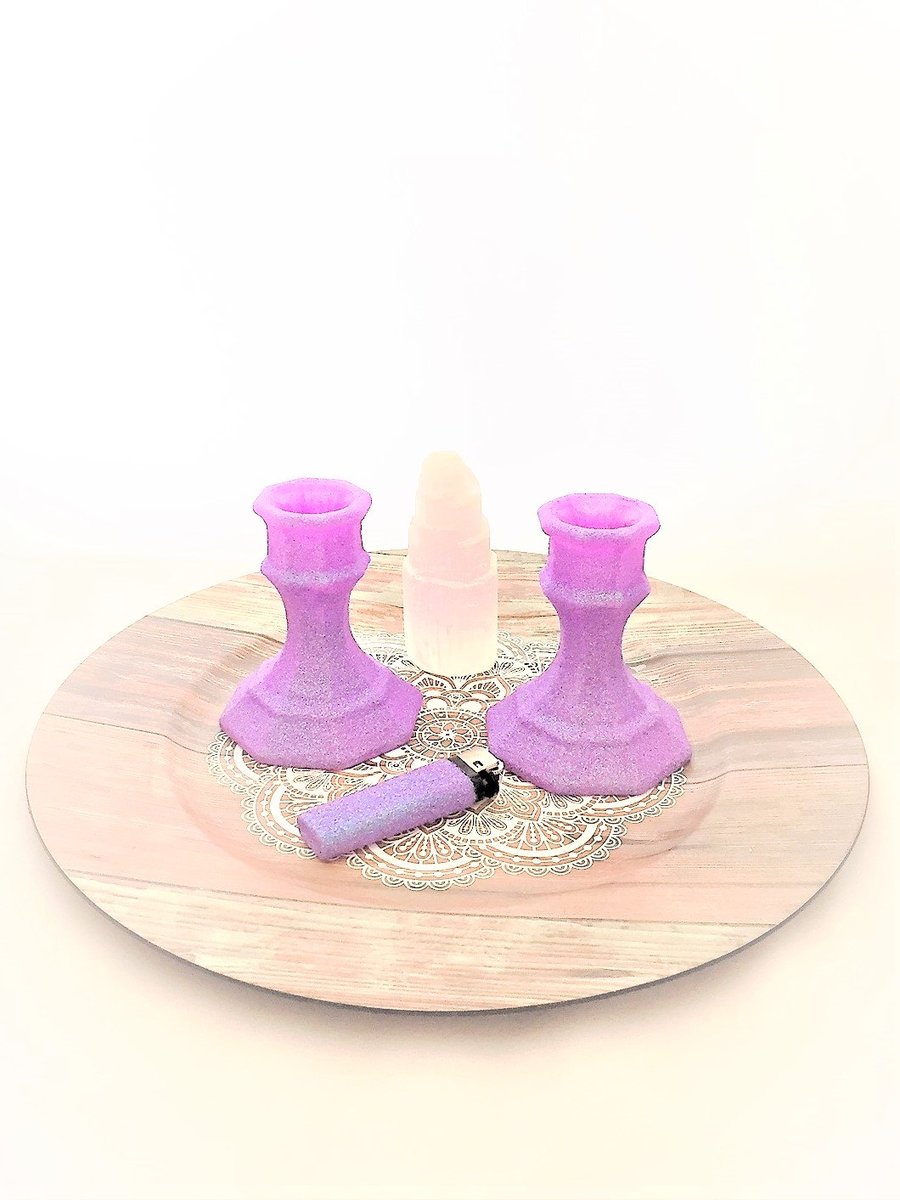 Purple glitter taper candle holder set, Candle stick holder and lighter set, Gift for couple, Holiday table decor, Holiday party favor tuppu.net/4330ac03  #CandlestickHolder