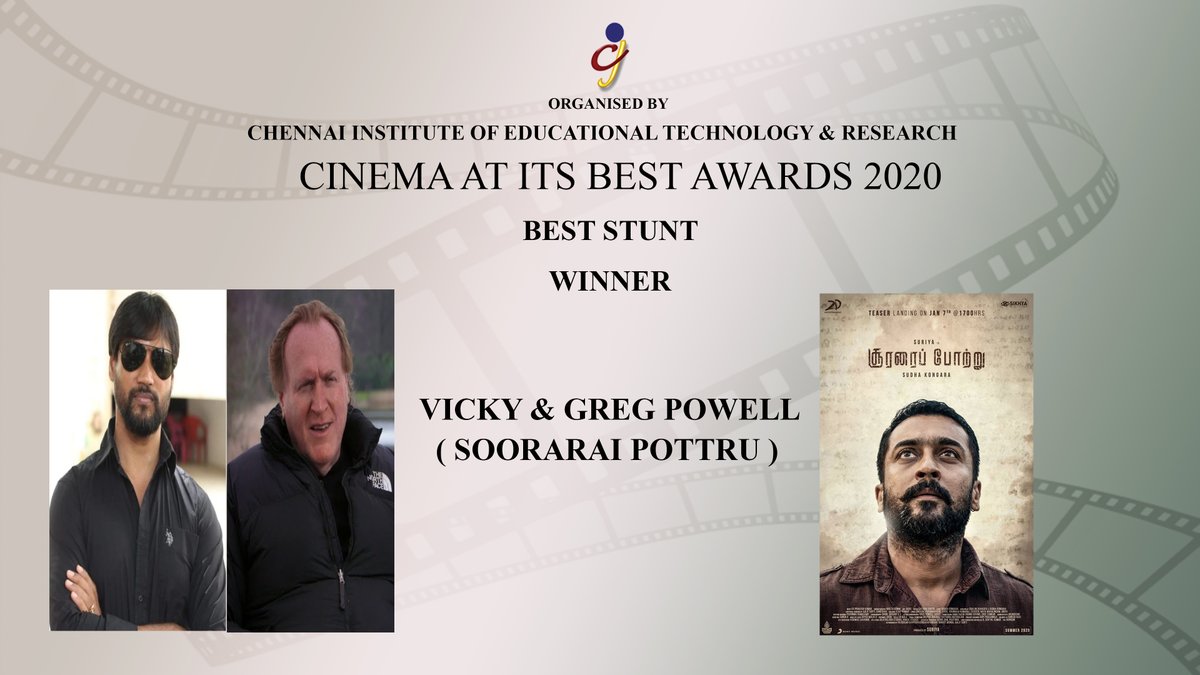 Cinemaatitsbest's tweet photo. #CAIBAWARDS (2020)
#BESTSTUNT
#WINNER
@VickyStunt_dir & #GREGPOWELL
#SooraraiPottru #SudhaKongara
CONGRATS FOR U BOTH SIR https://t.co/59JUnqCXyB