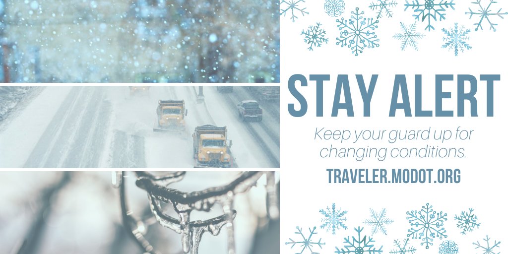 MoDOT's tweet image. Rain, snow or ice--keep your guard up for changing conditions throughout the day.
If you must travel in a wintry mix, remember:
▶️Take it slow.
▶️Buckle up.
▶️Steer &amp;amp; brake gently.
▶️Give plows room to work.
▶️Check road conditions at traveler.modot.org