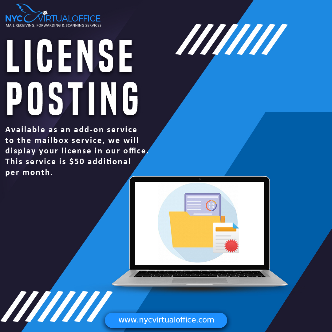 Looking for a reliable license postings service in your area? Take a look at NYCvirtualoffice.com. The services are available as an add-on to mailbox services that shall display your license at your office. 📩 

bit.ly/2Kl03HN
.
.
#LicensePosting #NYCVirtualOffice
