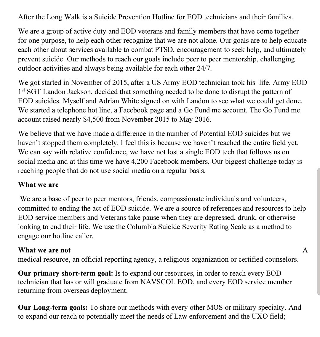 6/  Please don't politicizeEOD Techs & EOD Vets:After the Long Walk has a Facebook page and group. Reach out and share with fellow EOD techs.  https://m.facebook.com/groups/1728905287338807/?multi_permalinks=2138041073091891&notif_id=1520211337962767&notif_t=group_highlights&ref=notifEOD techs. For background on the After the Long Walk hotline and how it was started. https://medium.com/freethink/this-veteran-started-a-24-hour-hotline-for-service-members-with-ptsd-b3babf1e63d7