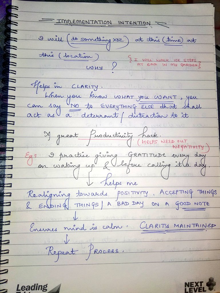 10/20 #ImplementationIntention helps in planning out beforehand WHEN & WHERE TO ACT & thereafter STICKING to them .SPECIFICS matter as most of us lack NOT Intention , BUT CLARITY. *Helps in saying NO. *Ensures FOCUS.*Helps in TIME MANAGEMENT.        