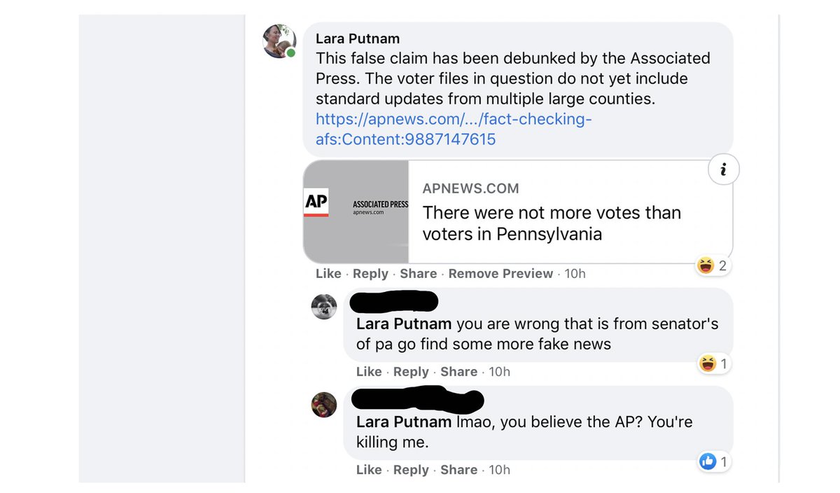 So I shared an AP item debunking. These aren't organisms in a petrie dish I'm studying: they're fellow citizens in my region, being misled as they chat in the public square. I wasn't persuasive. The legitimacy of AP as source had been pre-shredded. This latest will just reinforce