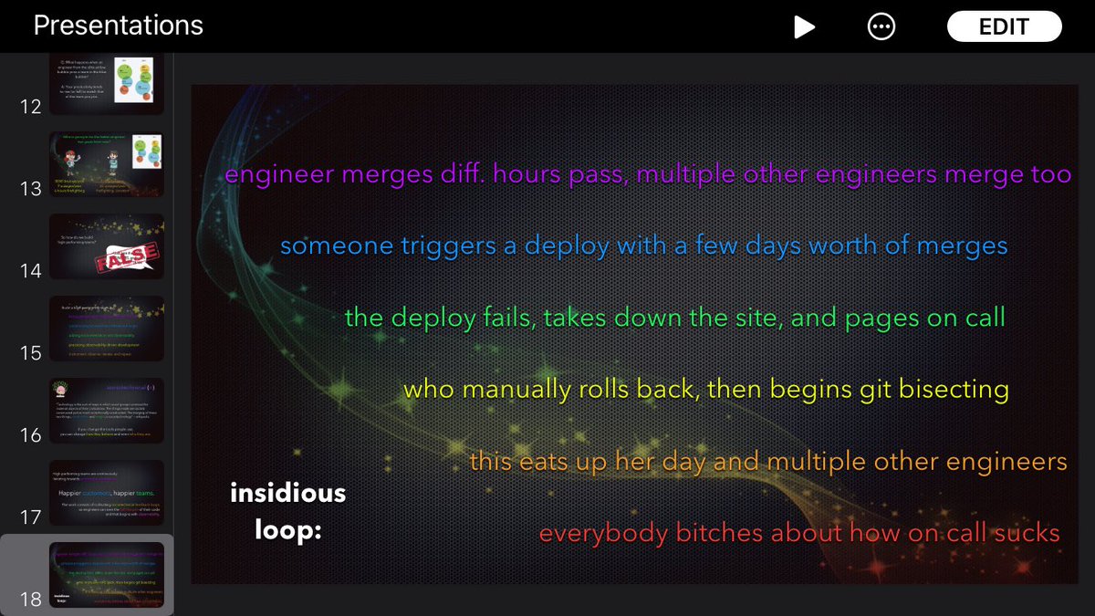 In the insidious scenario, a deploy gets kicked off with a couple days' merges from a few devs. It fails; deployer begins frantically reading diffs, git bisecting, and pulling in the devs w/merges, until it's identified and fixed.Time elapsed: rest of the day, for a few people?