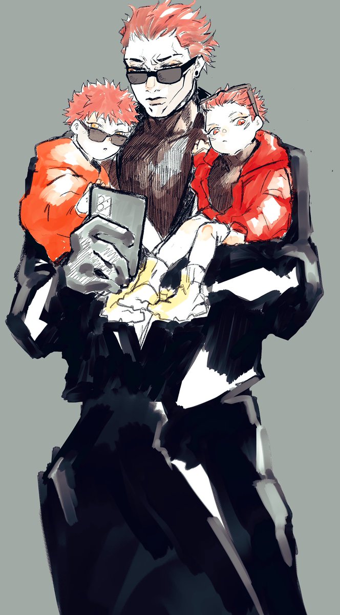 itadori yuuji sunglasses multiple boys red hoodie male focus short hair hood hoodie  illustration images