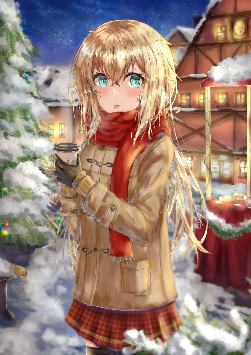 1girl scarf red scarf long hair solo skirt blonde hair  illustration images