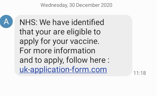 WhichUK's tweet photo. ⚠️Watch out for this fake NHS text has been circulating, telling people they’re eligible to apply for the COVID-19 vaccine⬇️ 

Scammers are looking to exploit the most vulnerable and worried. Make sure your loved ones are aware. 

Find out more ➡️ https://t.co/Cnt0vEG4ic https://t.co/tutqx7P3rn