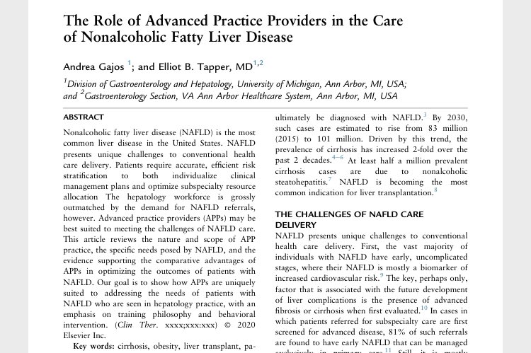 Our Andrea Gajos (<a href="/AndreaMGajos/">Andrea G</a>) on the role of advanced practice providers in the care of patients with #NAFLD

How APPs transform liver care and add value with a focus on behavioral interventions 

Read: authors.elsevier.com/a/1cKPIXyUrwioi
#livertwitter
