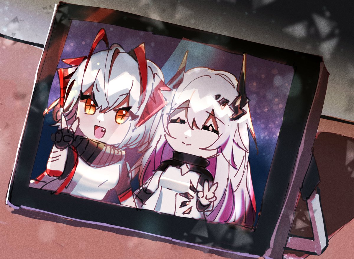 w (arknights) multiple girls 2girls horns closed eyes fang v demon horns  illustration images