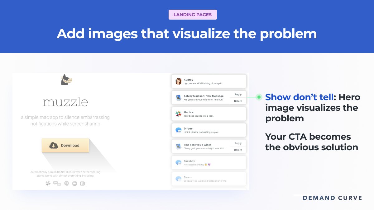 2/6 Get people to FEEL the problem your startup solves.Here’s how Muzzle (notification hiding tool) uses their site to visualize the problem:• Shows cringey notifications• Makes them super vulgar• Points out how Muzzle puts an end to this during Zoom calls