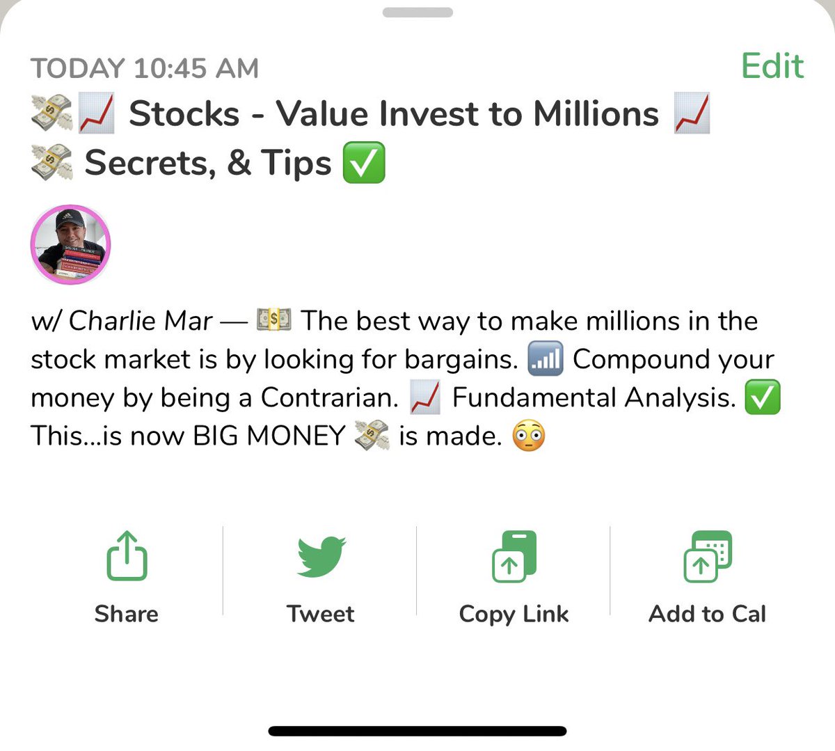 itscharliemar's tweet photo. 💸📈 Value Invest to Millions 📈💸
December 30th, Wednesday
10:45AM Central
Ask me any questions & learn the power behind becoming a Contrarian Value Investor.
#ClubHouse #CH #TaiLopez #Investing #cigarbutts #stocks https://t.co/XPb1BOxyIl