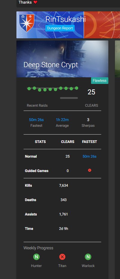 RTsukashi's tweet photo. thx the fireteam and @Chaps_28 @NeverBlinking @Saber_Wolfx for the flawless run of DSC
#flawlessRaid #flawless #DSC https://t.co/jQL2TadFz8