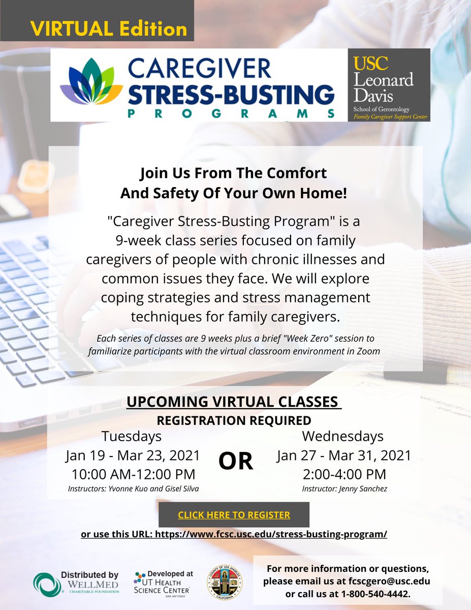 USCFCSC's tweet photo. #USCFCSC is offering virtual Stress Busting Programs promoting self-care among caregivers. Learn how to deal with the stress through relaxation and problem solving! Spaces are limited, sign up now! https://t.co/LNUFouC6an #CaregiversFightOn βοΈ https://t.co/OYez0EezBo
