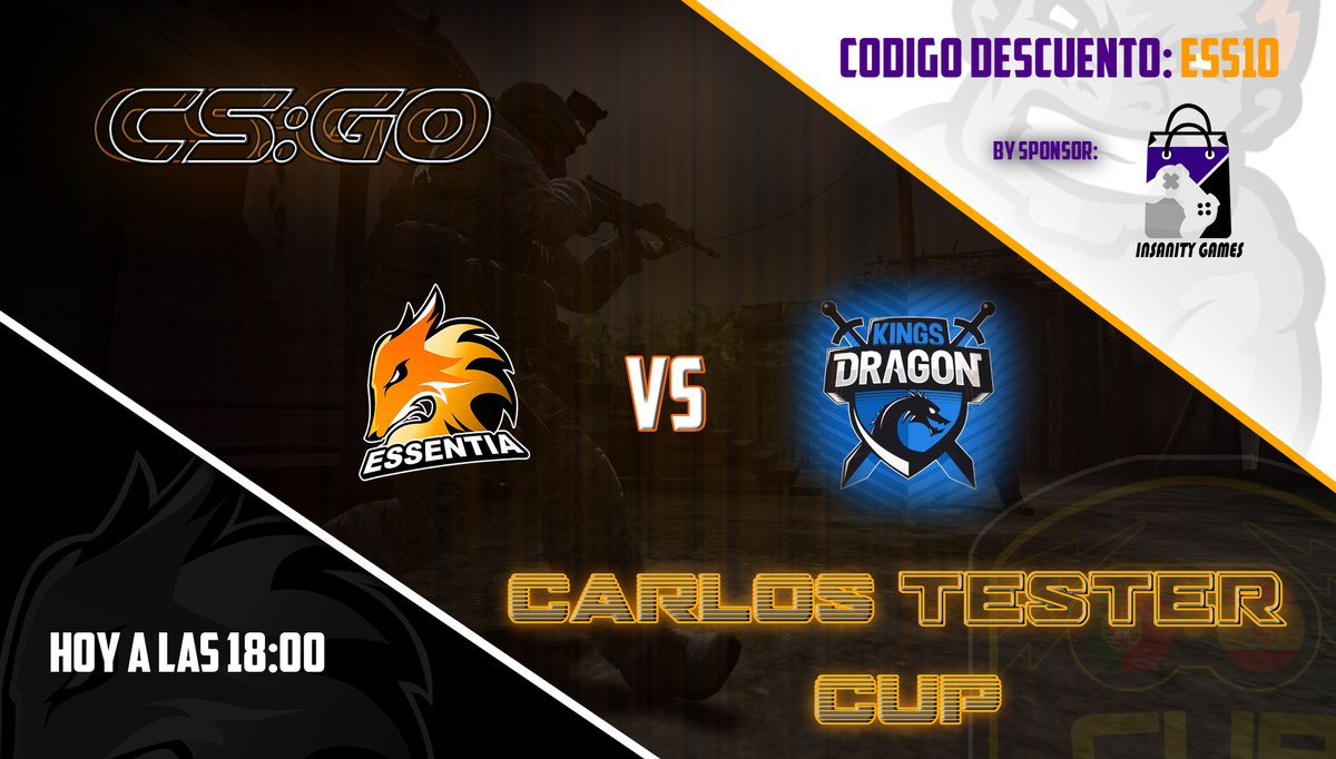 Essentia_ec's tweet photo. #CSGO    #PC

Esta noche partido oficiales de  
@Essentia_ec 

Vs 🆚 
@KingsdragonEs 

🕕 18:00h
🏆 @CarlosTesterCS 

📺Streameado en 
https://t.co/psrvAQvREE 

Usa el Código descuento en Insanity Games y tendrás un 10% de descuento. 
 CD: ESS10 https://t.co/4WrNLWJ7U4