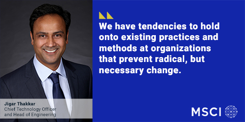 MSCI_Inc's tweet image. What is the biggest challenge when it comes to financial firms’ focus on technology? Jigar Thakkar, Chief Technology Officer and Head of Engineering at MSCI shares his insights in our latest video. #TechnologicalTransformation bit.ly/37XIiHC