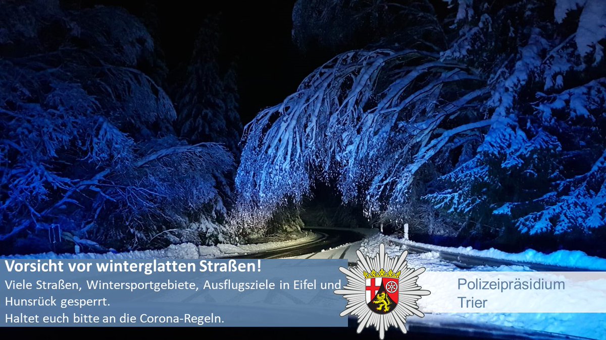 PolizeiTrier's tweet photo. Die Parkplätze und Zufahrtsstraßen zu zahlreichen #Wintersportgebieten in #Eifel und #Hunsrück sind gesperrt. Bitte fahrt nicht dorthin. 
# L20 #Brandscheid  #Gondenbrett #SchwarzerMann #L164 #Hillscheid #Erbeskopf #KellamSee #Rösterkopf #Dollberg. 
#gemeinsamgegencorona https://t.co/vNZdiebR6t