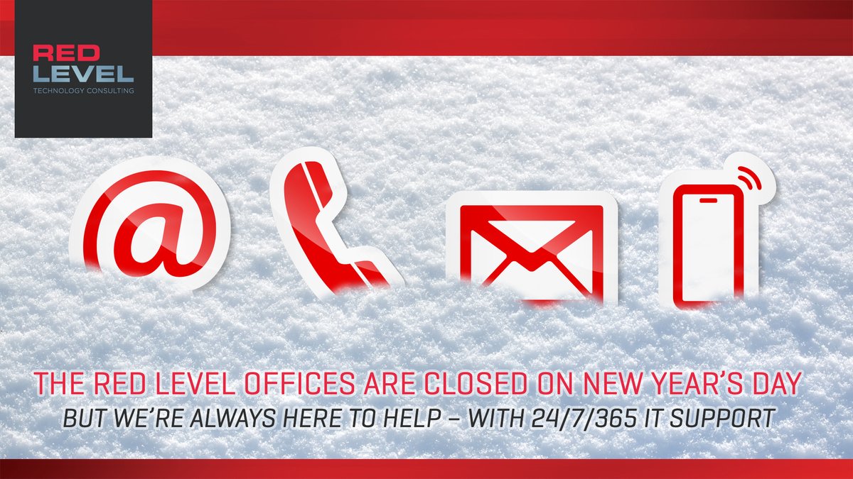 RedLevelIT's tweet photo. Red Level offices will be closed this Friday, January 1st for New Years. 

Even though our office is closed, you are never alone. We're always on call for emergency tech support. 

📧help@redlevelgroup.com
📞248-412-8210 https://t.co/yAa3MfNWqc