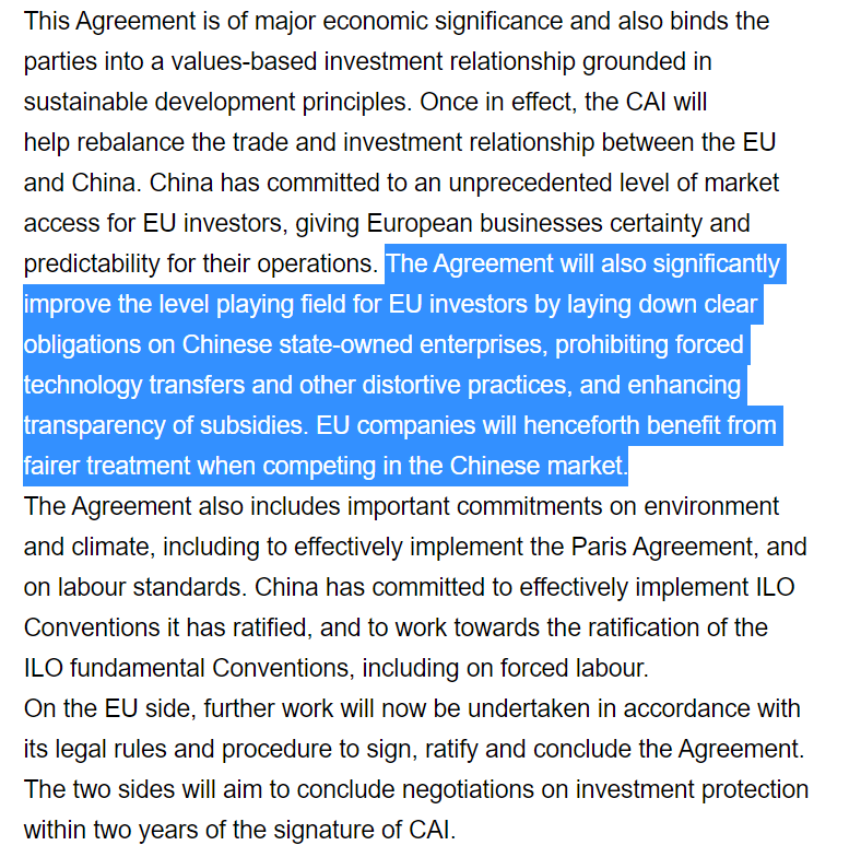3. Some of the new stuff in CAI of interest to me, obviously, involves other Level Playing Field issues.What are the agreement's details on China's SOEs and SUBSIDIES commitments? (a longstanding concern for the trading system and the United States)  https://ec.europa.eu/commission/presscorner/detail/en/STATEMENT_20_2546