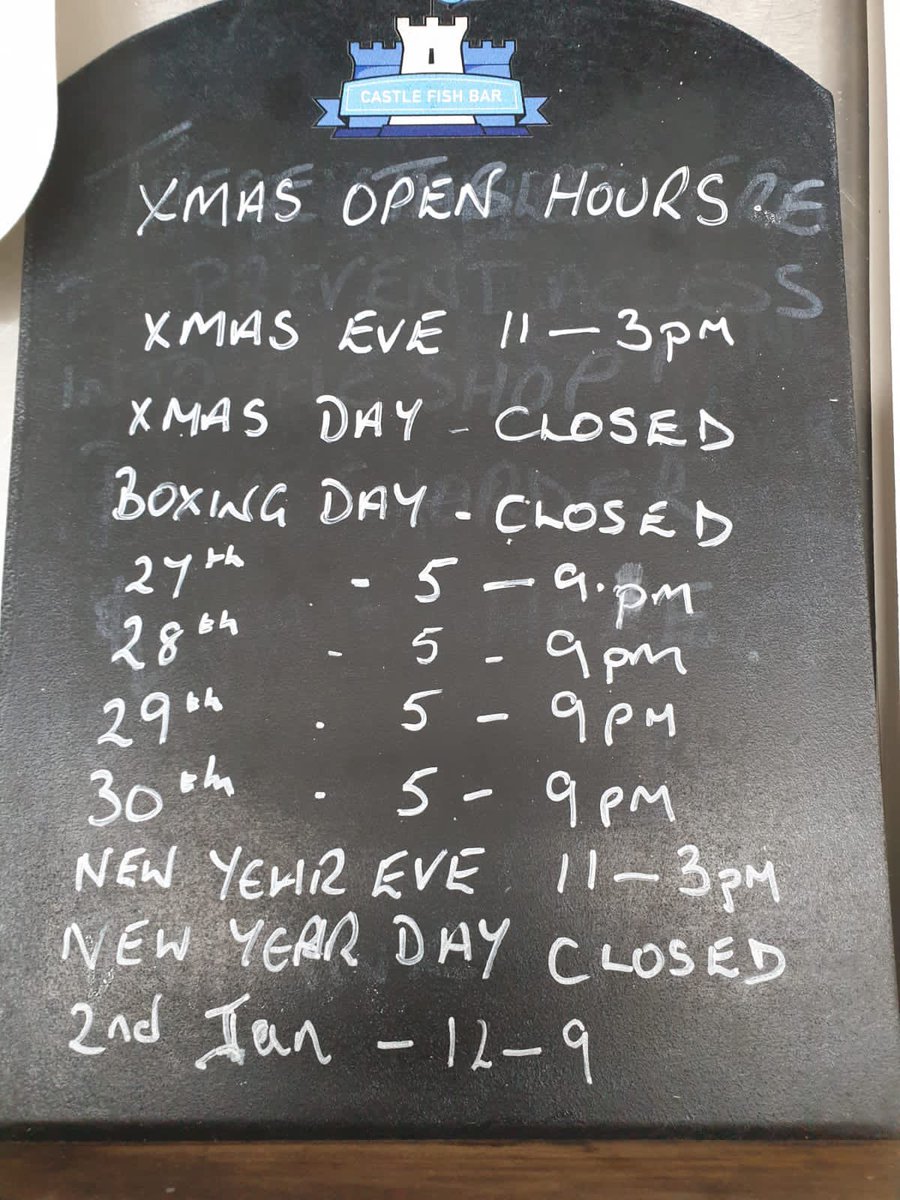 Don’t forget that we are open 5-9 tonight (Wed 30th) and 12-3 tomorrow (New Years Eve). We  reopen on Sat 2nd January. We would like to thank all our customers for supporting us this year and hope that 2021 brings you all health, wealth and happiness. #castlefishbar #fishandchips