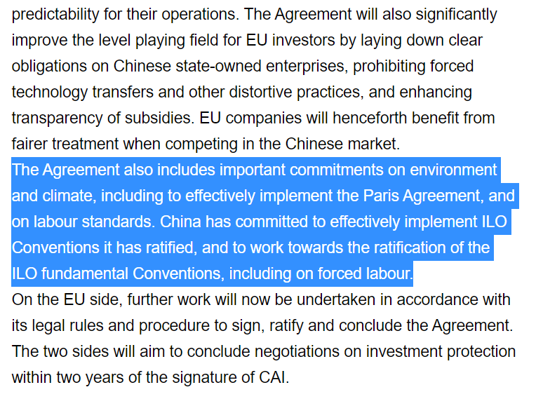 4. But EU deals reference sustainable development. CAI mentions climate and labor standards, including forced labor (e.g., what does this mean for Xinjiang?) https://ec.europa.eu/commission/presscorner/detail/en/STATEMENT_20_2546