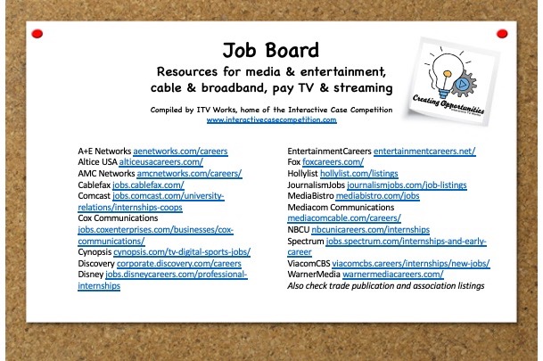 ItvWorks's tweet photo. Looking for a new job or internship in 2021? Here are resources targeted to the media business, excluding big job sites. Please add others. Contact us for Interactive Case Competition internships.
#interactivecasecompetition #mediajobs #internships https://t.co/TaMJoVqPOL