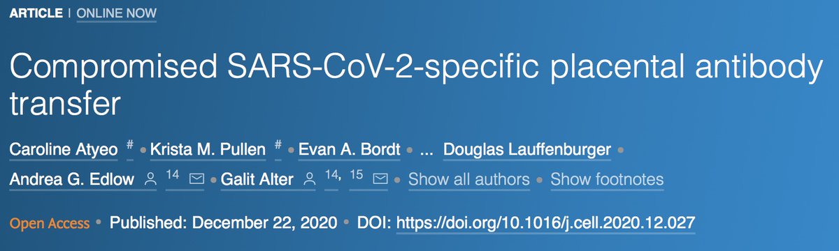 Key take-home points:1) Reduced transplacental Ab transfer of SARS-CoV-2 Abs, w preserved transfer of anti-flu (HA) Abs. Our new paper  @CellCellPress ( https://www.cell.com/cell/fulltext/S0092-8674(20)31749-9 ) drills down on mechanism. 2) No maternal viremia 3) No vertical transmission 4) No placental infxn