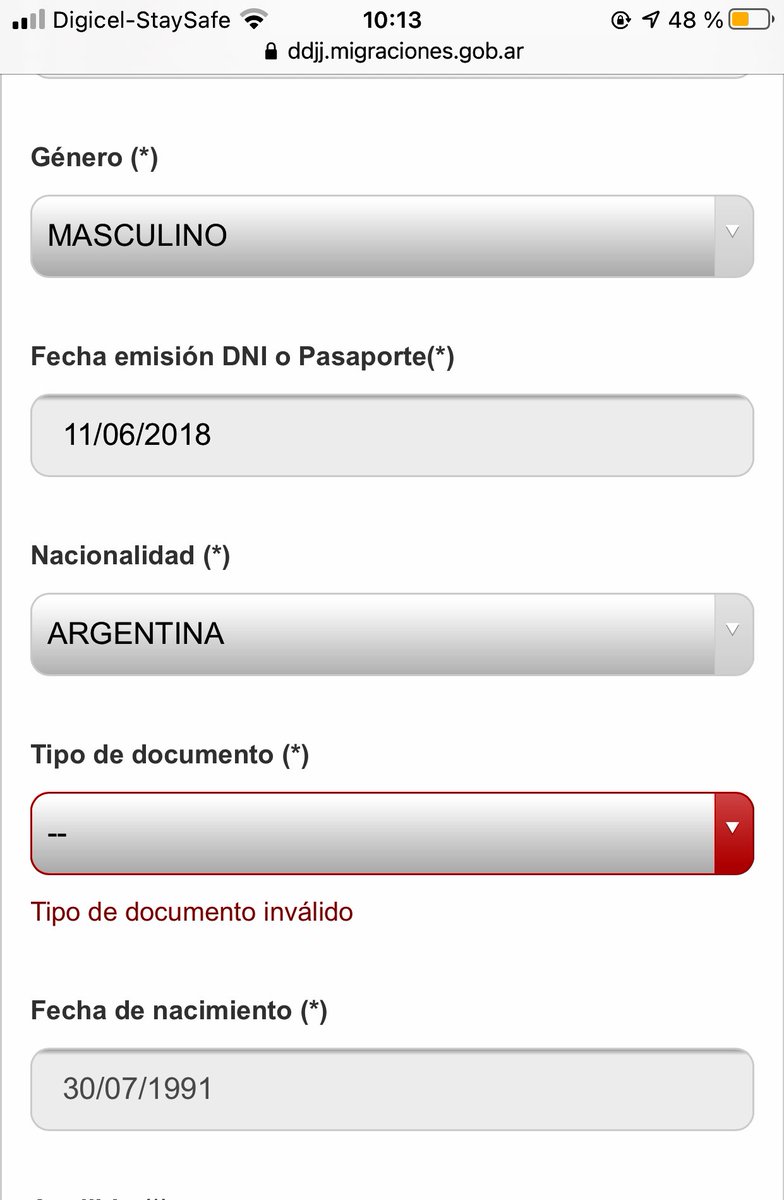 Paubedoya's tweet photo. @Migraciones_AR Hola, mi novio tiene problemas para completar la DDJJ electrónica. No le deja poner tipo de documento DNI por lo que no lo deja terminar de enviar la DDJJ https://t.co/E7BVbMioz7