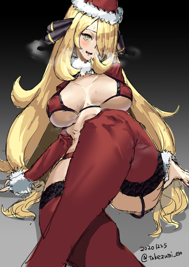 cynthia (pokemon) 1girl solo breasts blonde hair long hair santa hat thighhighs  illustration images