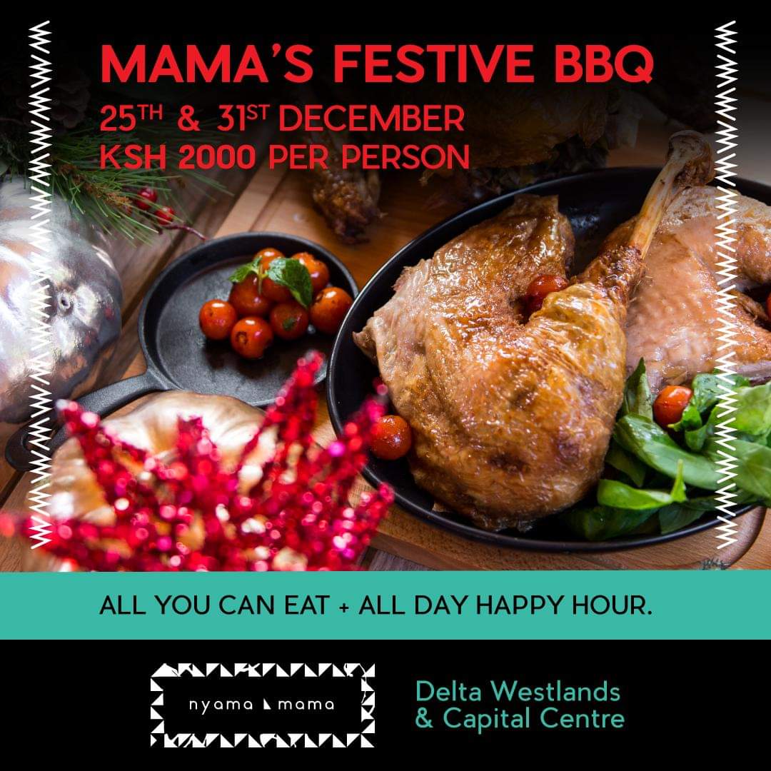 Mama's best ever BBQ. Not just once but twice. On the 25th and the 31st. All you can eat and all day Happy Hour at both our outlets at only Ksh 2000 per person. Delta reservations on 0704567567 or Capital Centre reservations 0791579003.Covid protocols in place. #GoodMoodFood