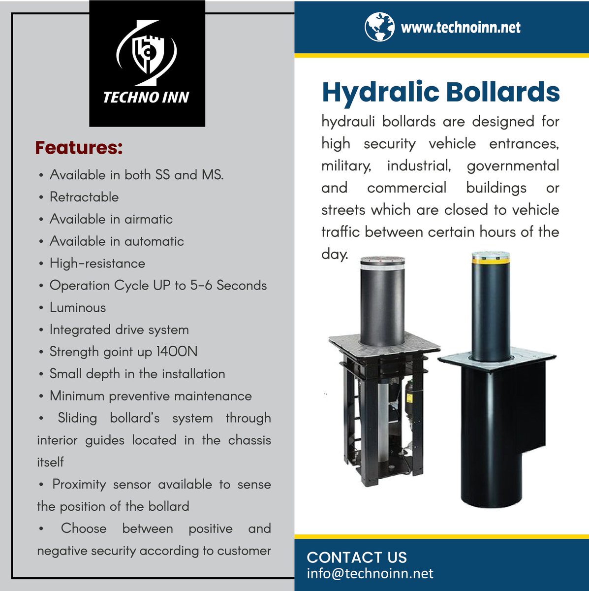 Techno Inn Hydraulic Bollards.
.
.
.
.
.
.
.
#security #physicalsecurity #cctv #hydraulicbollards #roadboombarrier #homesecurity #tech #accesscontrol #securitysystem #tyrekiller #hydraulicroadblocker #manufacturer #industry #turnstilegate #roadblockermanufacturerinlahore