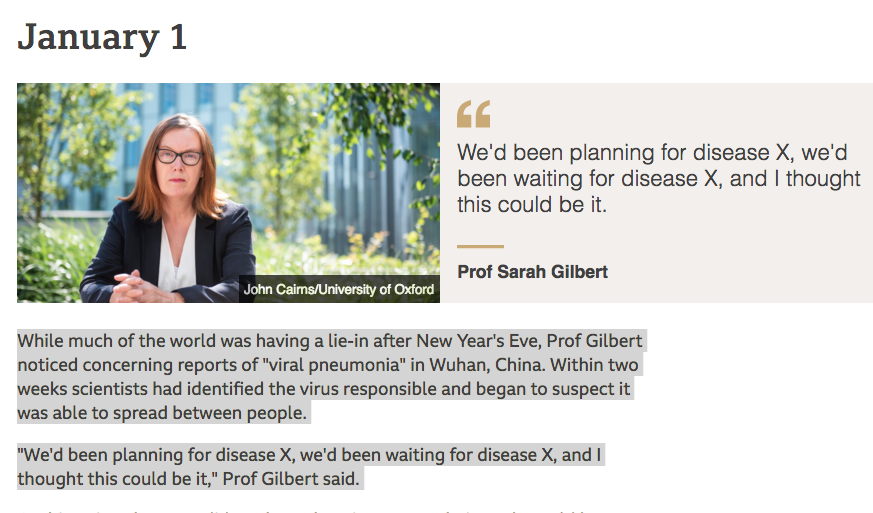 30/ With the Oxford-AZ vaccine approved for use by UK regulators, a day to honour Prof Sarah Gilbert. Her team swung into action on New Years Eve last year while the rest of us were partying.  https://www.bbc.com/news/health-55041371