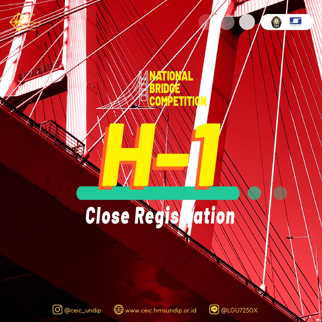 [ H-1 PENDAFTARAN NBC DITUTUP ] 

Tinggal 1 hari lagi pendaftaran National Bridge Competition ditutup!! Ayo segera daftarkan tim mu dan raih kesempatan untuk menang! 

Informasi lebih lanjut : 
hmsundip.or.id/ceic/events/nb…