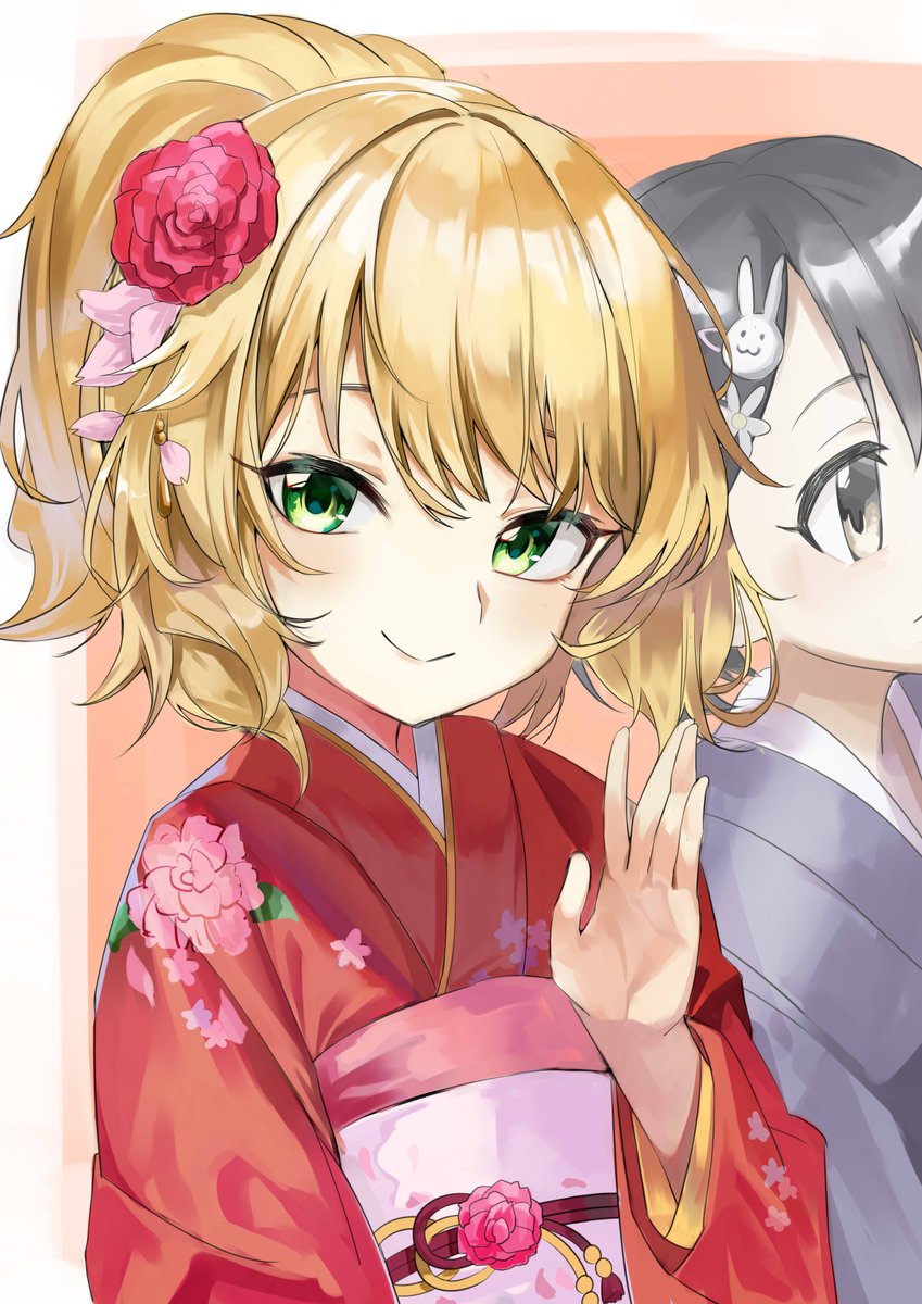 sakurai momoka ,sasaki chie japanese clothes blonde hair kimono green eyes rabbit hair ornament hair ornament 2girls  illustration images